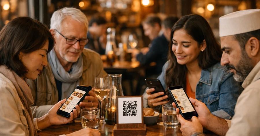 Friends at the table order and pay from their phones