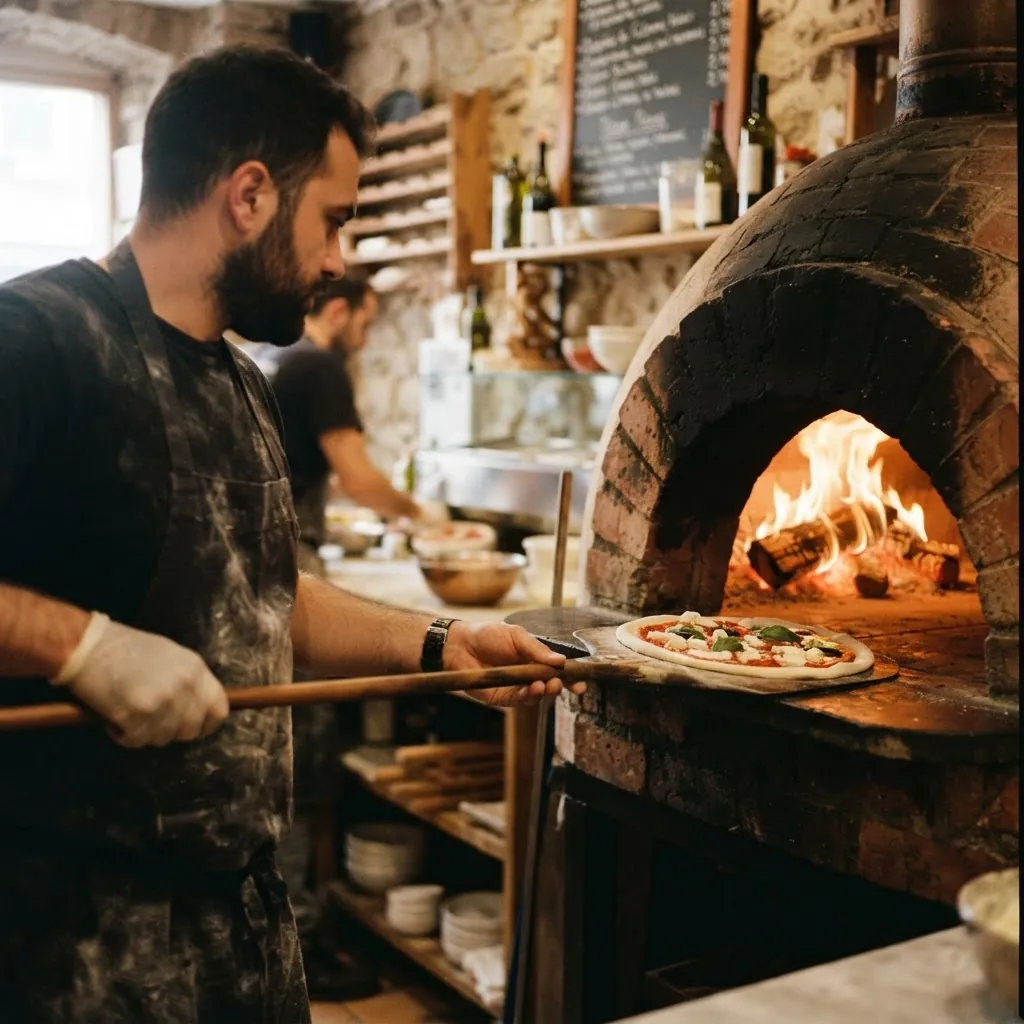 Pizzaiolo che inforna una pizza nel forno a legna