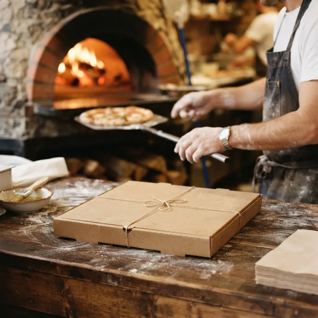Scatola da asporto sul banco di una pizzeria