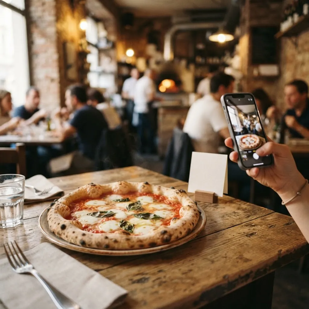 Pizza margherita con card NFC sul tavolo di una pizzeria